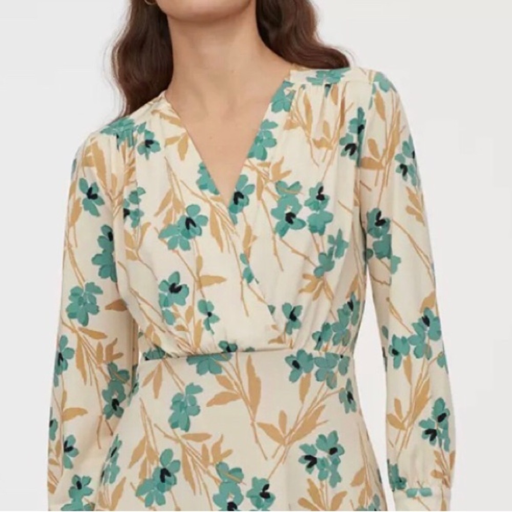 H&M Floral Printed Beige Green Wrap Long Sleeves Jersey Crepe Dress S